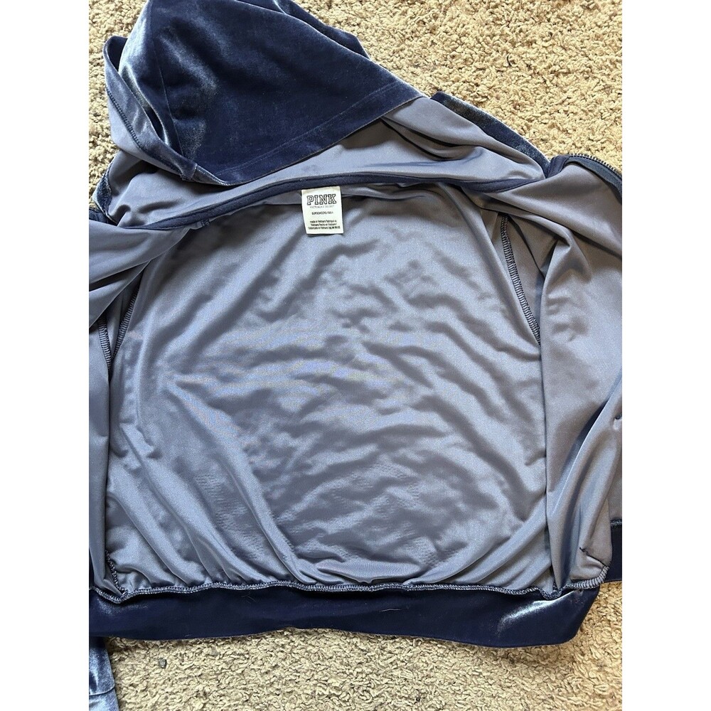 PINK Victoria's Secret Velour Cropped Hoodie Blue Velvet Y2K Rhinestone Small - Picture 9 of 13